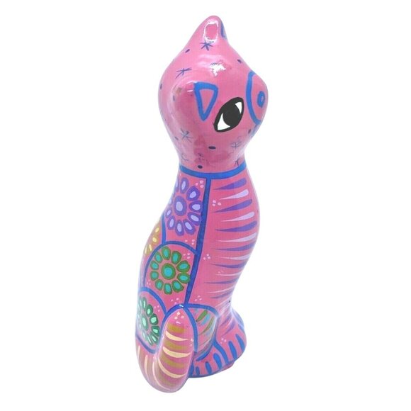 Talavera Pink Ceramic Cat Handmade & Painted Mexican Folk Art Huichol Alebrijes - Picture 4 of 8